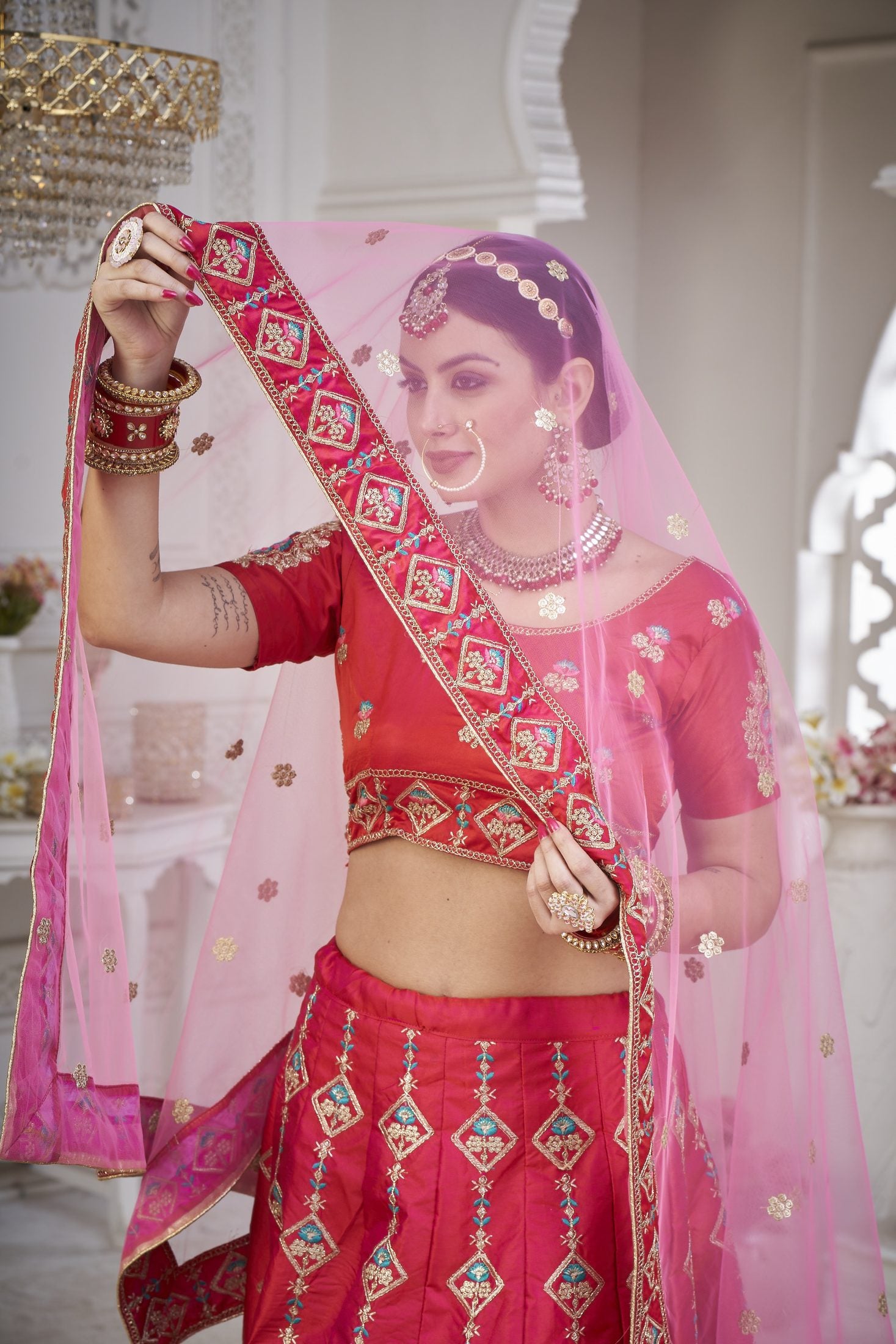 Royal Rani Pink & Coral Embroidered Festive & Wedding Wear Semi-Stitched Silk Lehenga Choli with Net Dupatta