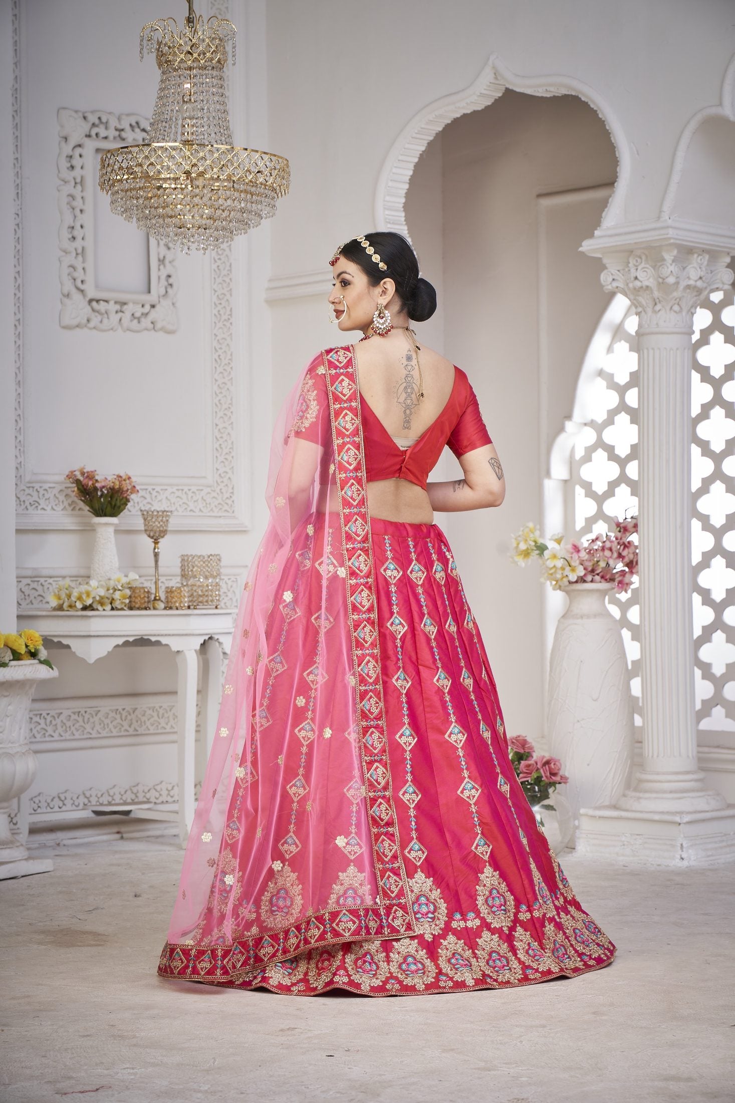 Royal Rani Pink & Coral Embroidered Festive & Wedding Wear Semi-Stitched Silk Lehenga Choli with Net Dupatta