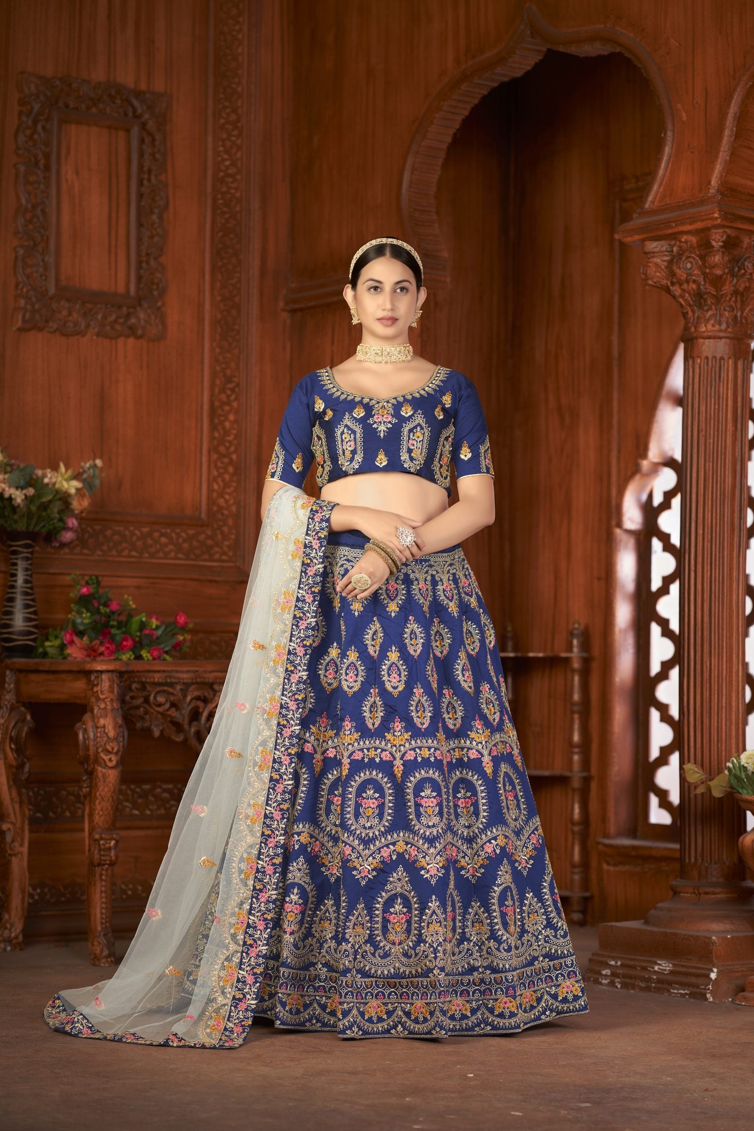 Royal Navy Blue Embroidered Festive & Wedding Wear Semi-Stitched Silk Lehenga Choli with Soft Net Dupatta