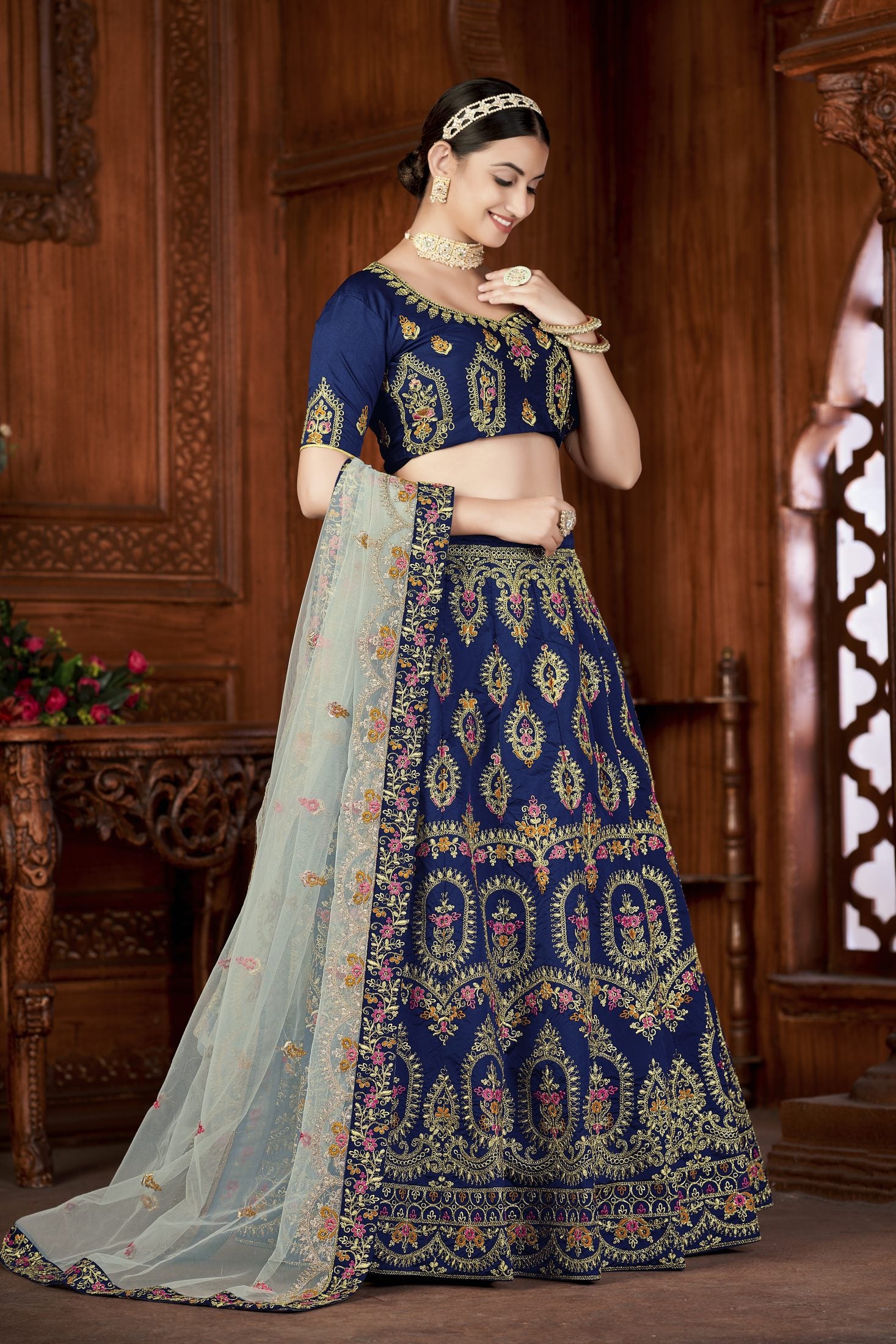 Royal Navy Blue Embroidered Festive & Wedding Wear Semi-Stitched Silk Lehenga Choli with Soft Net Dupatta