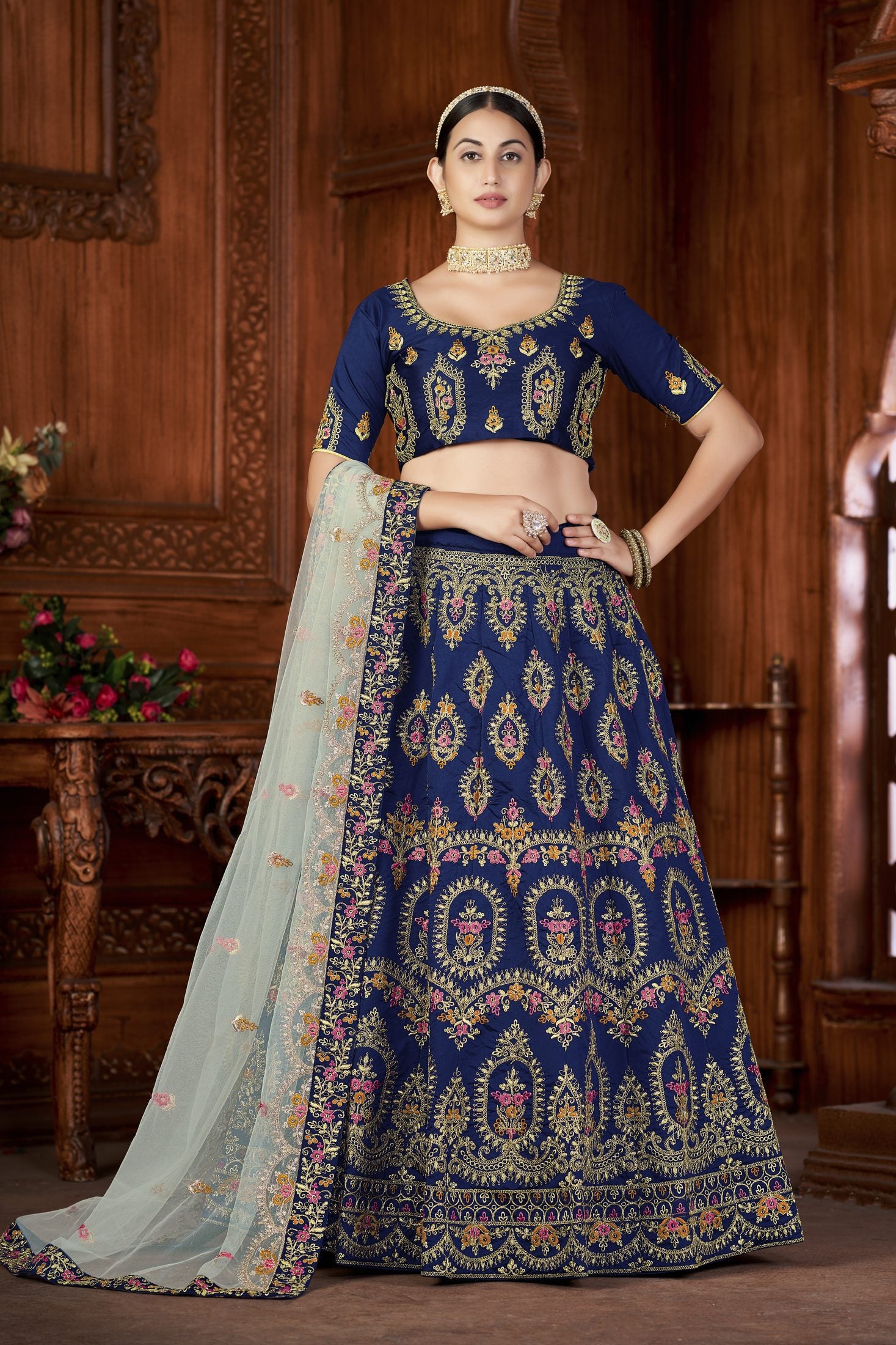 Royal Navy Blue Embroidered Festive & Wedding Wear Semi-Stitched Silk Lehenga Choli with Soft Net Dupatta