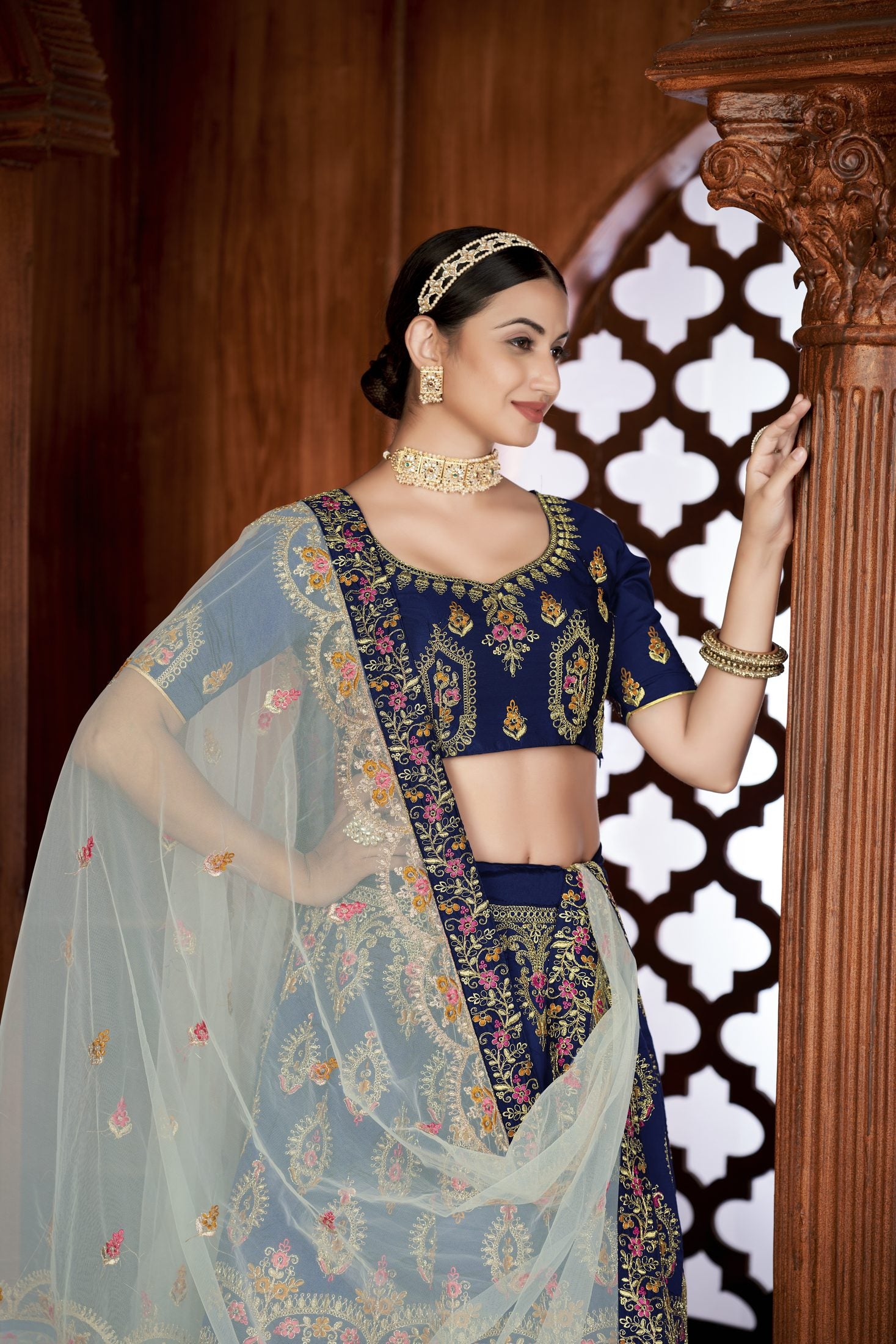 Royal Navy Blue Embroidered Festive & Wedding Wear Semi-Stitched Silk Lehenga Choli with Soft Net Dupatta