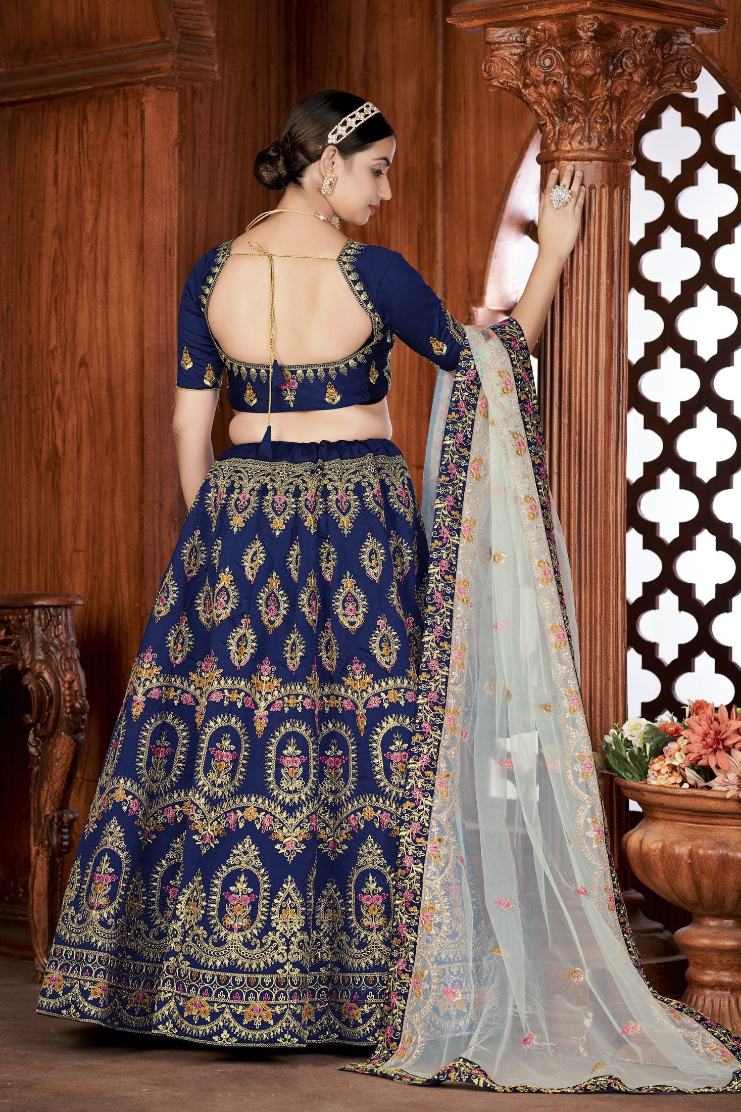 Royal Navy Blue Embroidered Festive & Wedding Wear Semi-Stitched Silk Lehenga Choli with Soft Net Dupatta