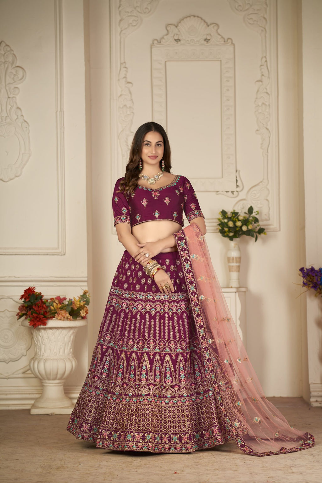 Royal Plum Traditional Motif Embroidery Festive & Wedding Wear Semi-Stitched Silk Lehenga Choli with Soft Net Dupatta