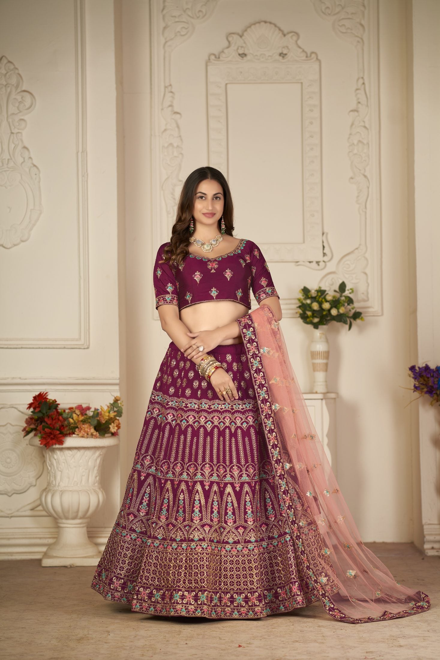 Royal Plum Traditional Motif Embroidery Festive & Wedding Wear Semi-Stitched Silk Lehenga Choli with Soft Net Dupatta