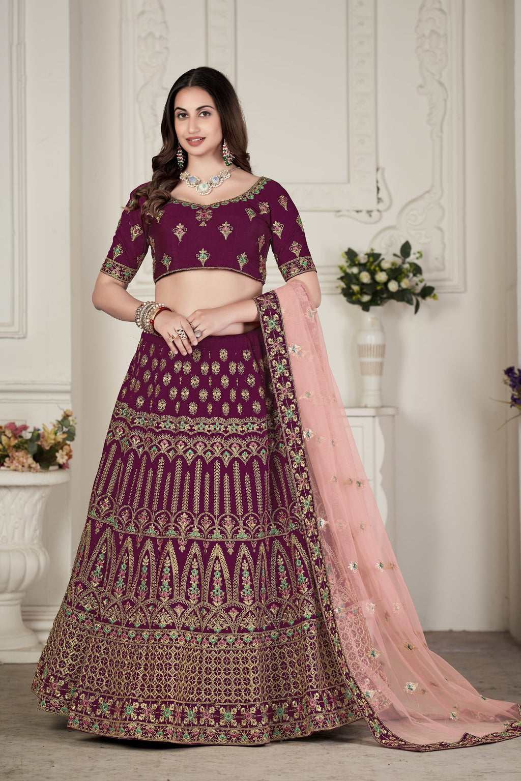 Royal Plum Traditional Motif Embroidery Festive & Wedding Wear Semi-Stitched Silk Lehenga Choli with Soft Net Dupatta