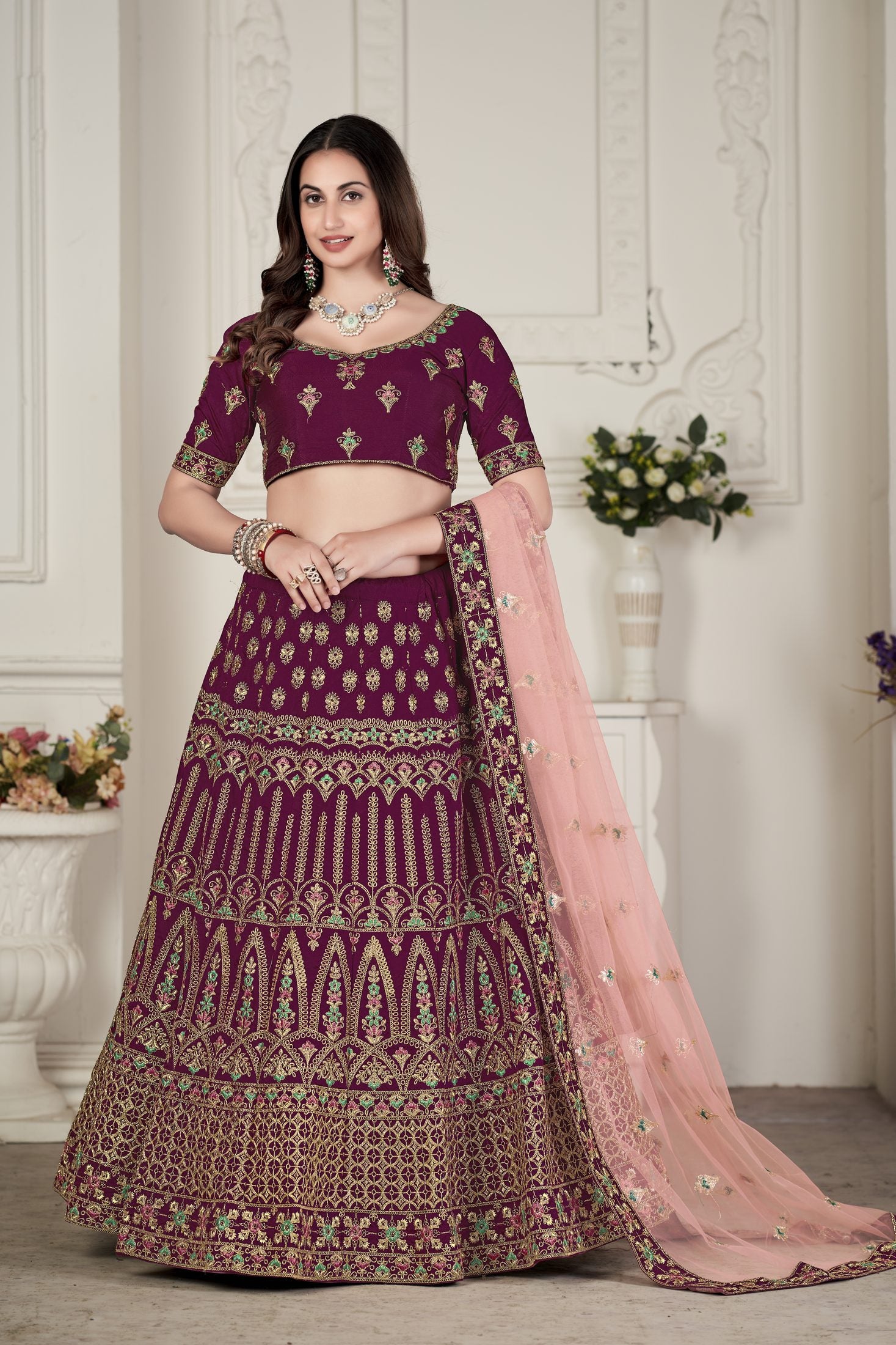 Royal Plum Traditional Motif Embroidery Festive & Wedding Wear Semi-Stitched Silk Lehenga Choli with Soft Net Dupatta