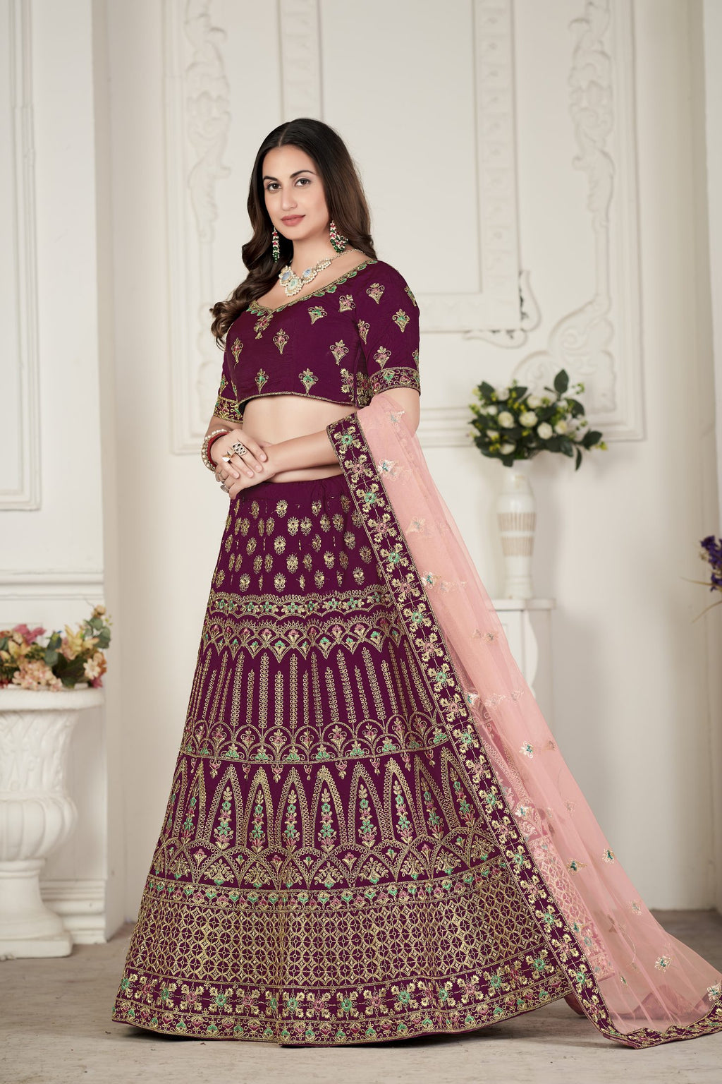 Royal Plum Traditional Motif Embroidery Festive & Wedding Wear Semi-Stitched Silk Lehenga Choli with Soft Net Dupatta