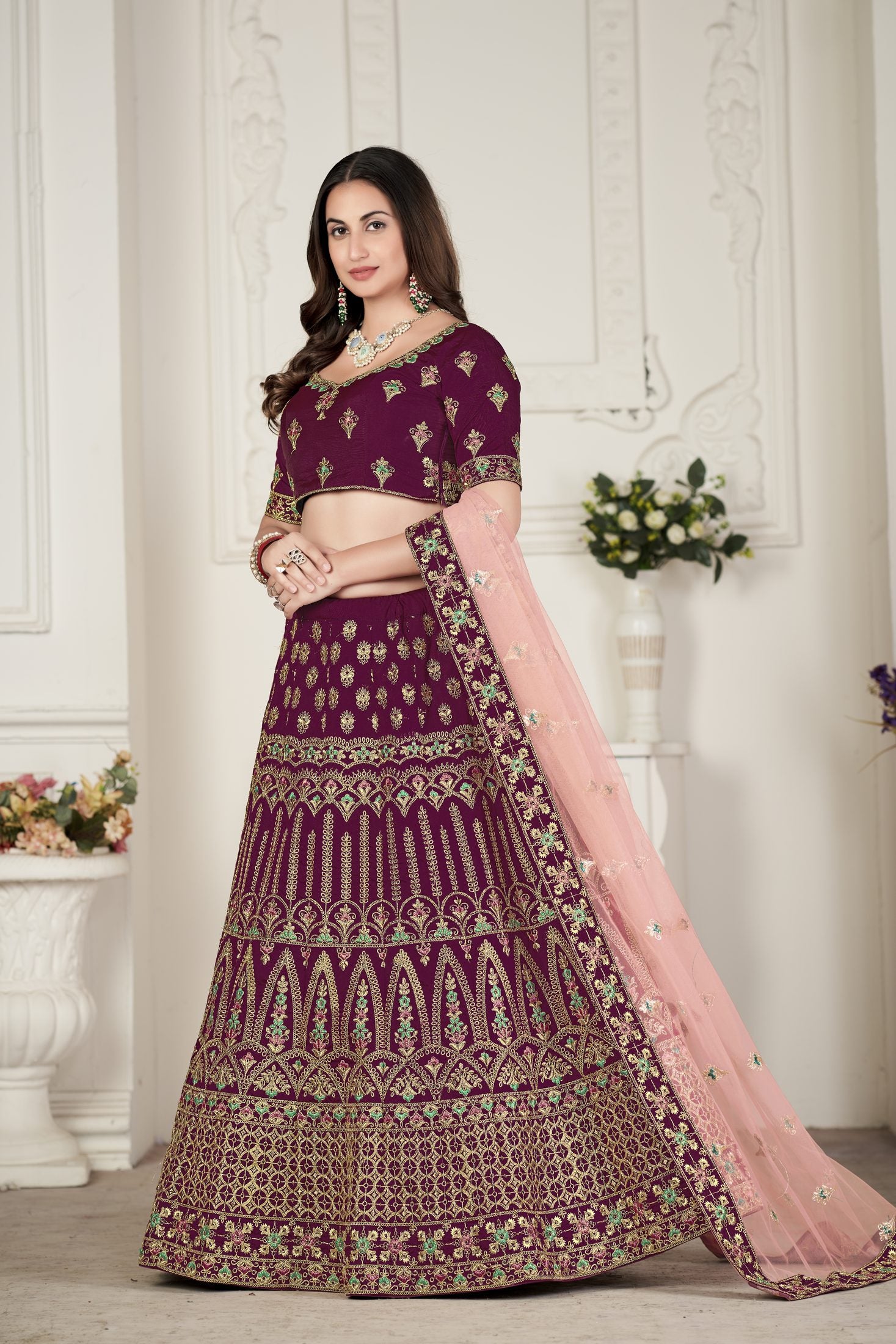 Royal Plum Traditional Motif Embroidery Festive & Wedding Wear Semi-Stitched Silk Lehenga Choli with Soft Net Dupatta
