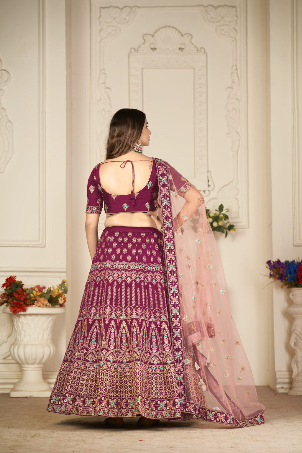 Royal Plum Traditional Motif Embroidery Festive & Wedding Wear Semi-Stitched Silk Lehenga Choli with Soft Net Dupatta