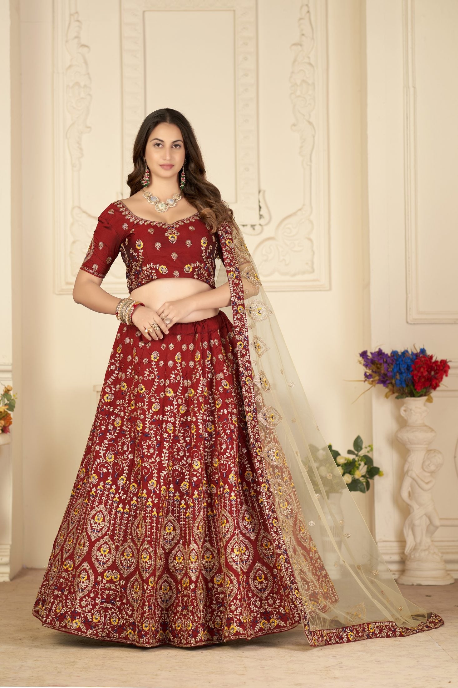 Royal Maroon Embroidered Festive & Wedding Wear Semi-Stitched Silk Lehenga Choli with Net Dupatta