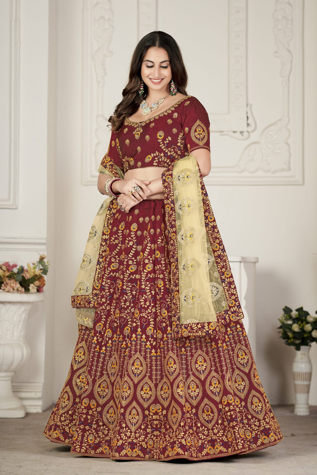 Royal Maroon Embroidered Festive & Wedding Wear Semi-Stitched Silk Lehenga Choli with Net Dupatta