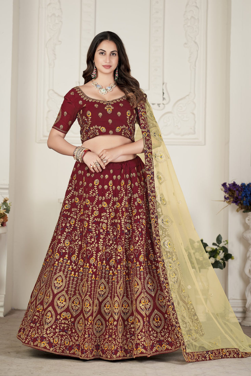 Royal Maroon Embroidered Festive & Wedding Wear Semi-Stitched Silk Lehenga Choli with Net Dupatta