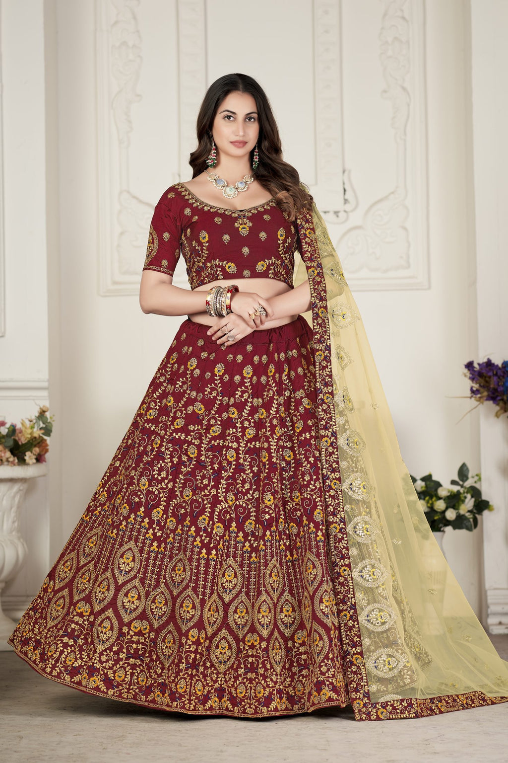 Royal Maroon Embroidered Festive & Wedding Wear Semi-Stitched Silk Lehenga Choli with Net Dupatta