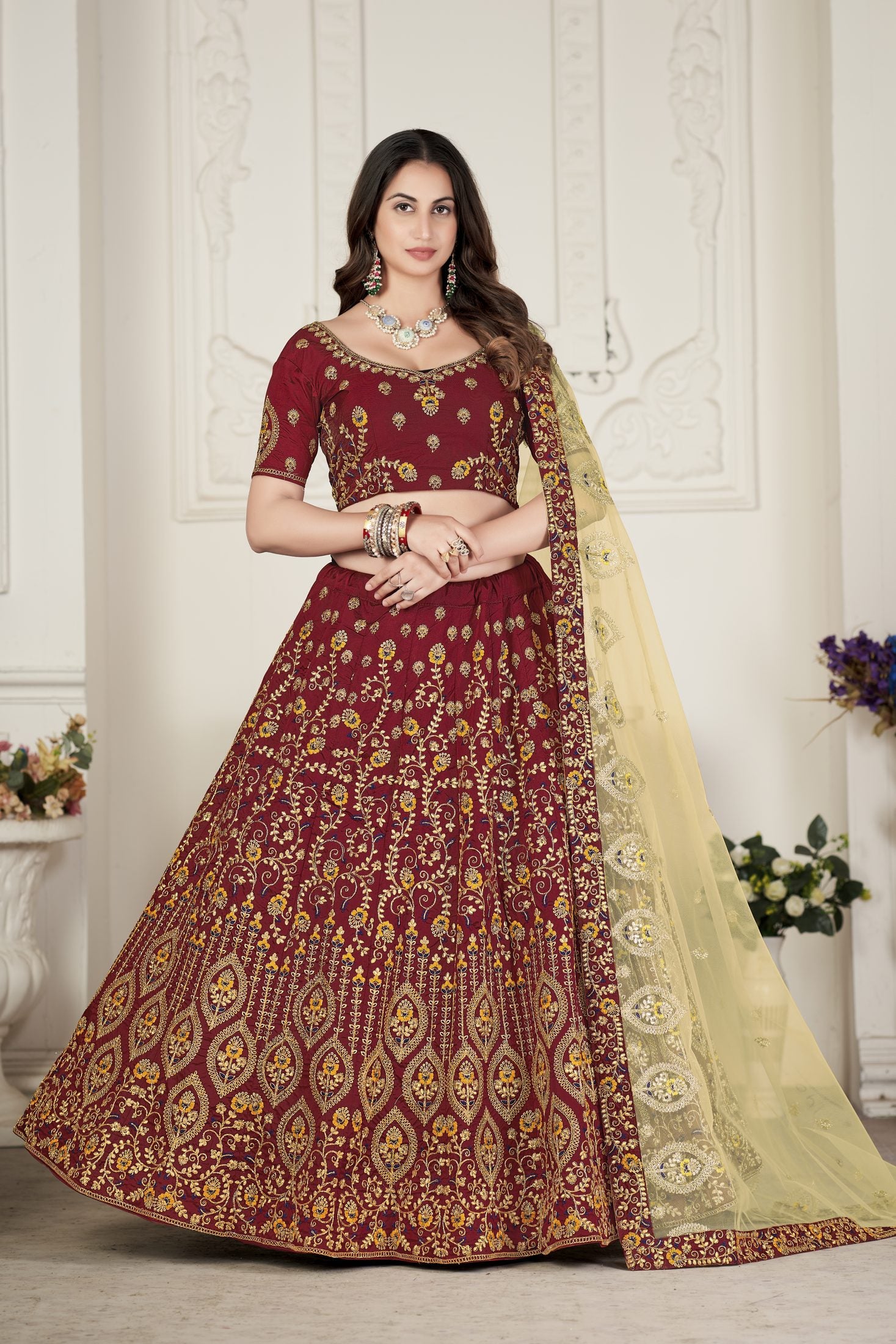 Royal Maroon Embroidered Festive & Wedding Wear Semi-Stitched Silk Lehenga Choli with Net Dupatta