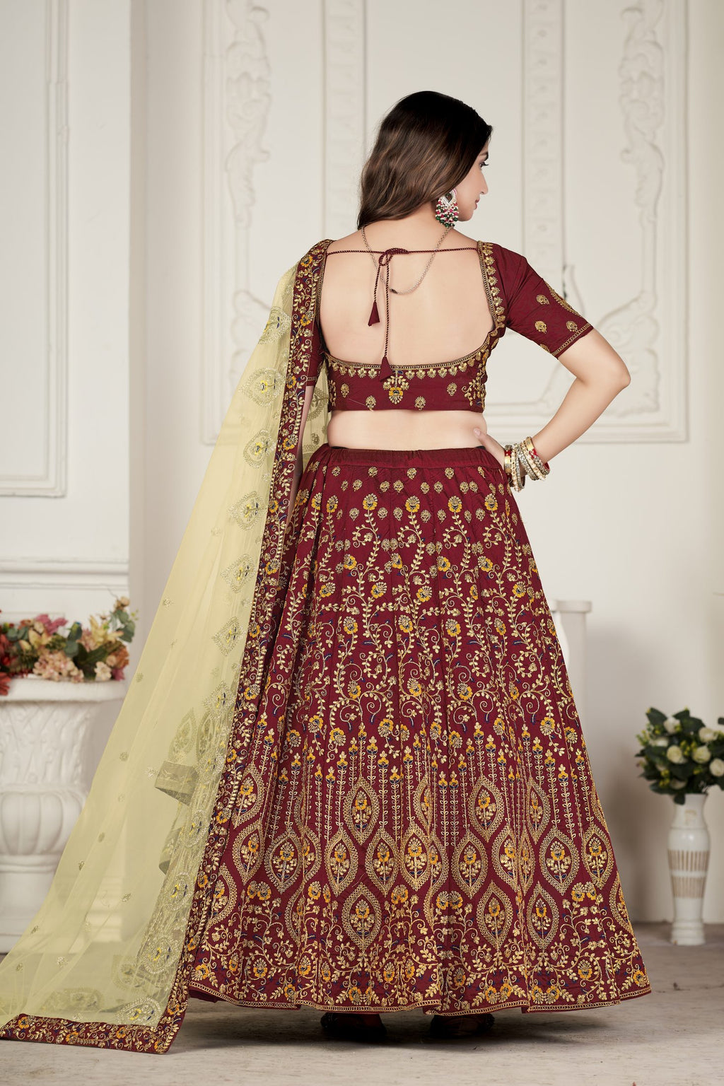 Royal Maroon Embroidered Festive & Wedding Wear Semi-Stitched Silk Lehenga Choli with Net Dupatta