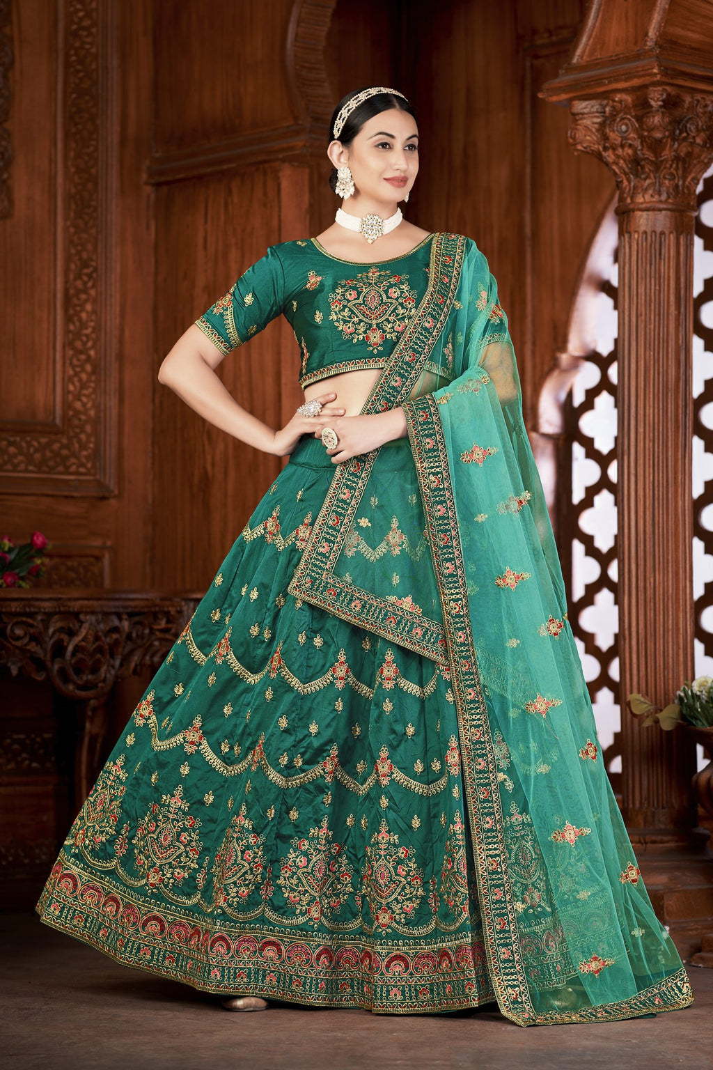 Teal Green Embroidered Sequin Work Semi-Stitched Lehenga Choli with Dupatta for Wedding & Festive Occasion