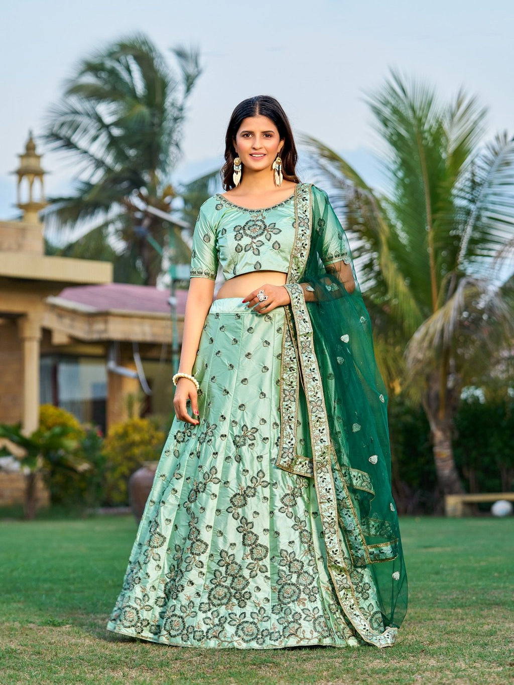 Royal Green Festive & Wedding Wear Semi-Stitched Silk Lehenga Choli with Intricate Floral Jaal Pattern with Embroidery Work
