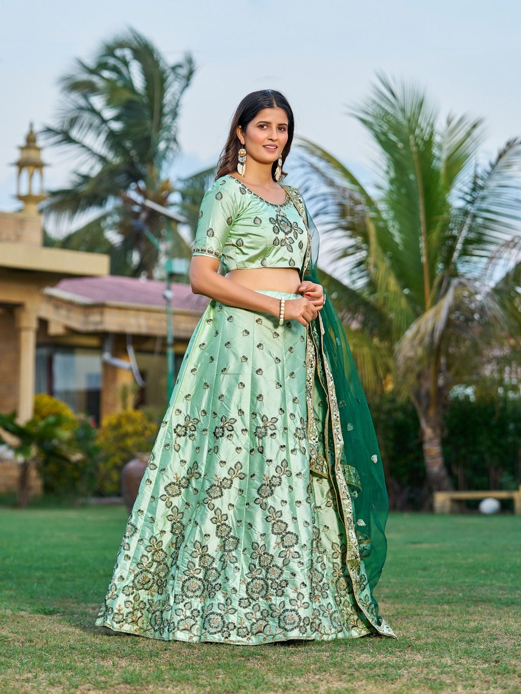 Royal Green Festive & Wedding Wear Semi-Stitched Silk Lehenga Choli with Intricate Floral Jaal Pattern with Embroidery Work