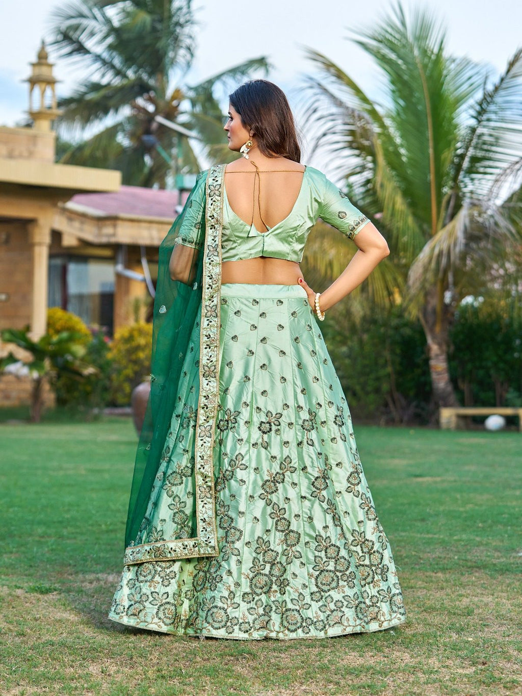 Royal Green Festive & Wedding Wear Semi-Stitched Silk Lehenga Choli with Intricate Floral Jaal Pattern with Embroidery Work