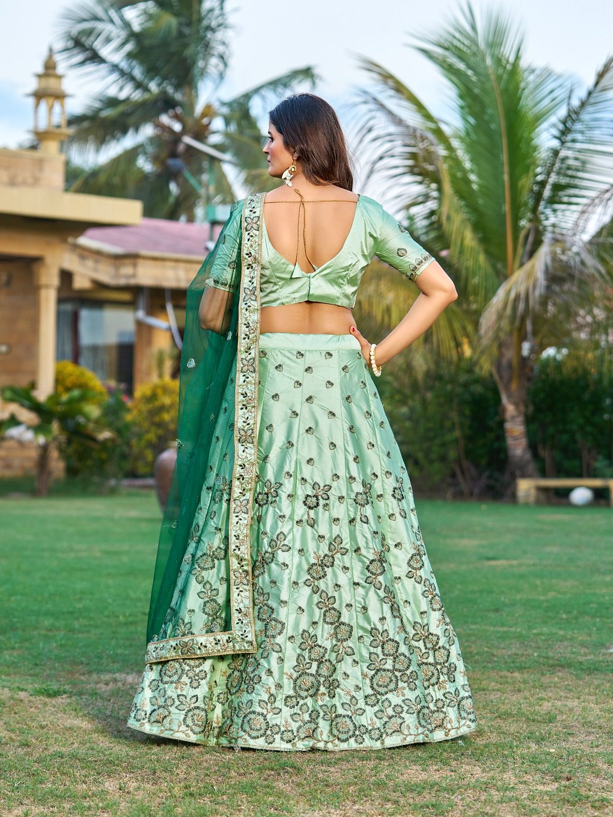 Royal Green Festive & Wedding Wear Semi-Stitched Silk Lehenga Choli with Intricate Floral Jaal Pattern with Embroidery Work
