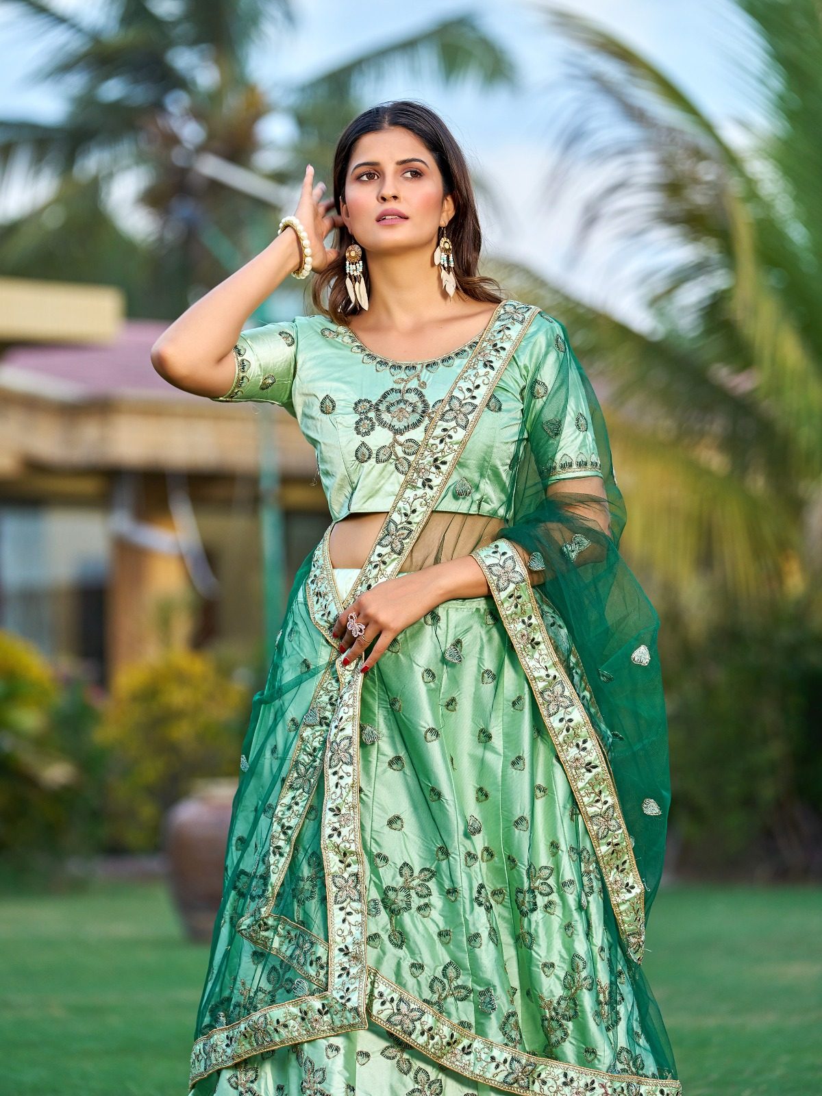 Royal Green Festive & Wedding Wear Semi-Stitched Silk Lehenga Choli with Intricate Floral Jaal Pattern with Embroidery Work