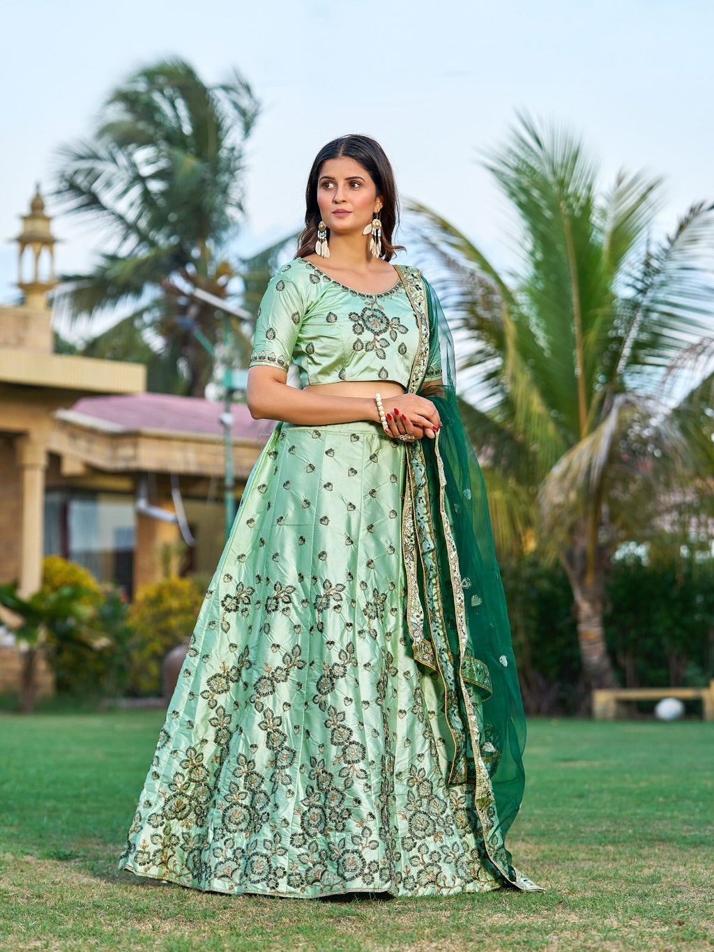 Royal Green Festive & Wedding Wear Semi-Stitched Silk Lehenga Choli with Intricate Floral Jaal Pattern with Embroidery Work