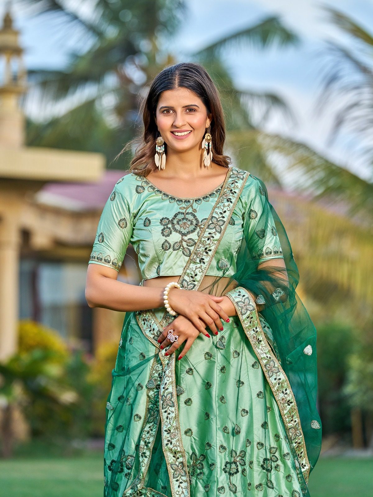 Royal Green Festive & Wedding Wear Semi-Stitched Silk Lehenga Choli with Intricate Floral Jaal Pattern with Embroidery Work