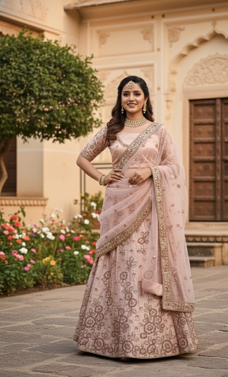 Royal Blush Peach Festive & Wedding Wear Semi-Stitched Net & Silk Lehenga Choli with Intricate Floral Pattern with Embroidery Work