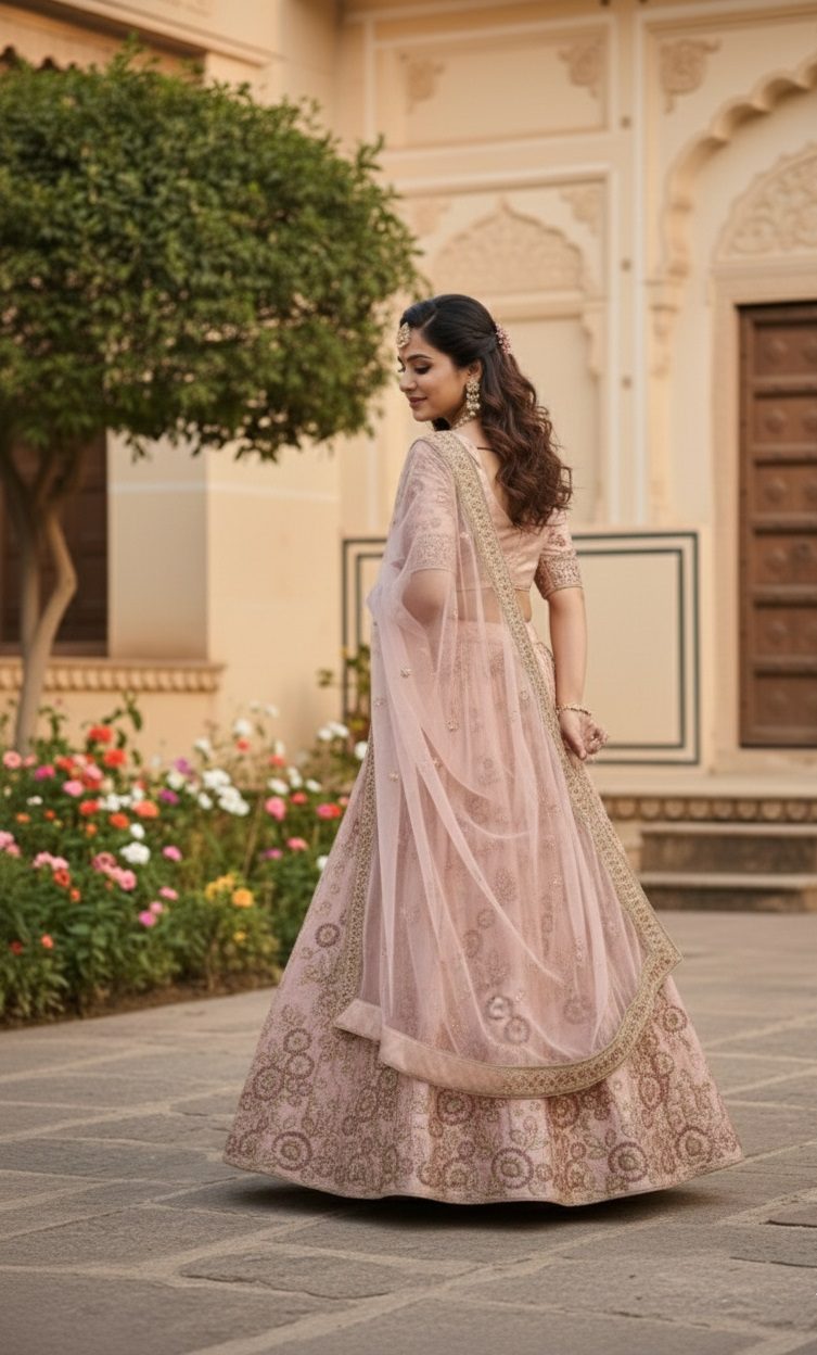 Royal Blush Peach Festive & Wedding Wear Semi-Stitched Net & Silk Lehenga Choli with Intricate Floral Pattern with Embroidery Work