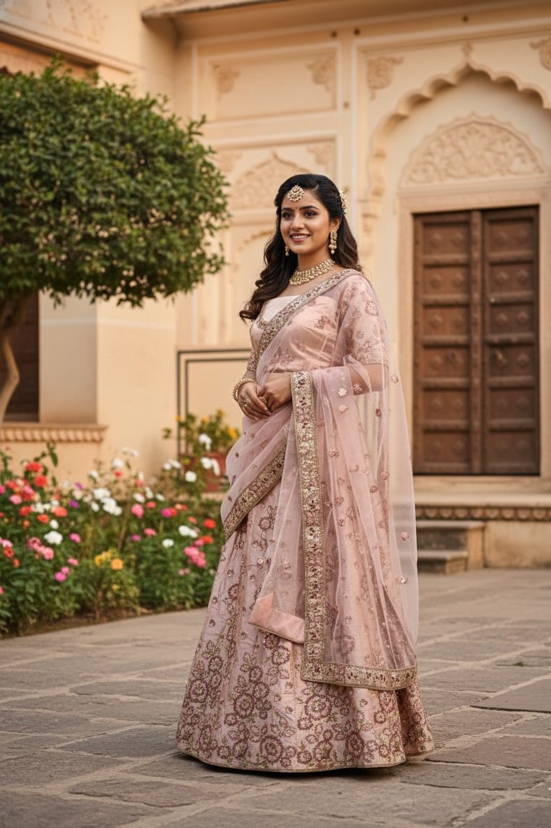 Royal Blush Peach Festive & Wedding Wear Semi-Stitched Net & Silk Lehenga Choli with Intricate Floral Pattern with Embroidery Work