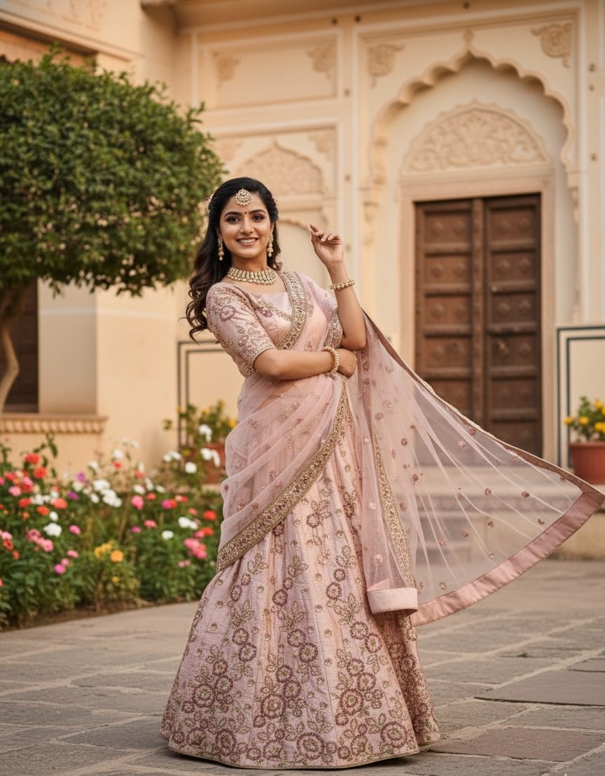 Royal Blush Peach Festive & Wedding Wear Semi-Stitched Net & Silk Lehenga Choli with Intricate Floral Pattern with Embroidery Work