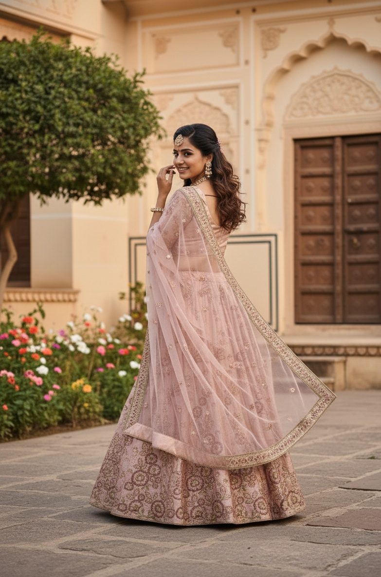Royal Blush Peach Festive & Wedding Wear Semi-Stitched Net & Silk Lehenga Choli with Intricate Floral Pattern with Embroidery Work