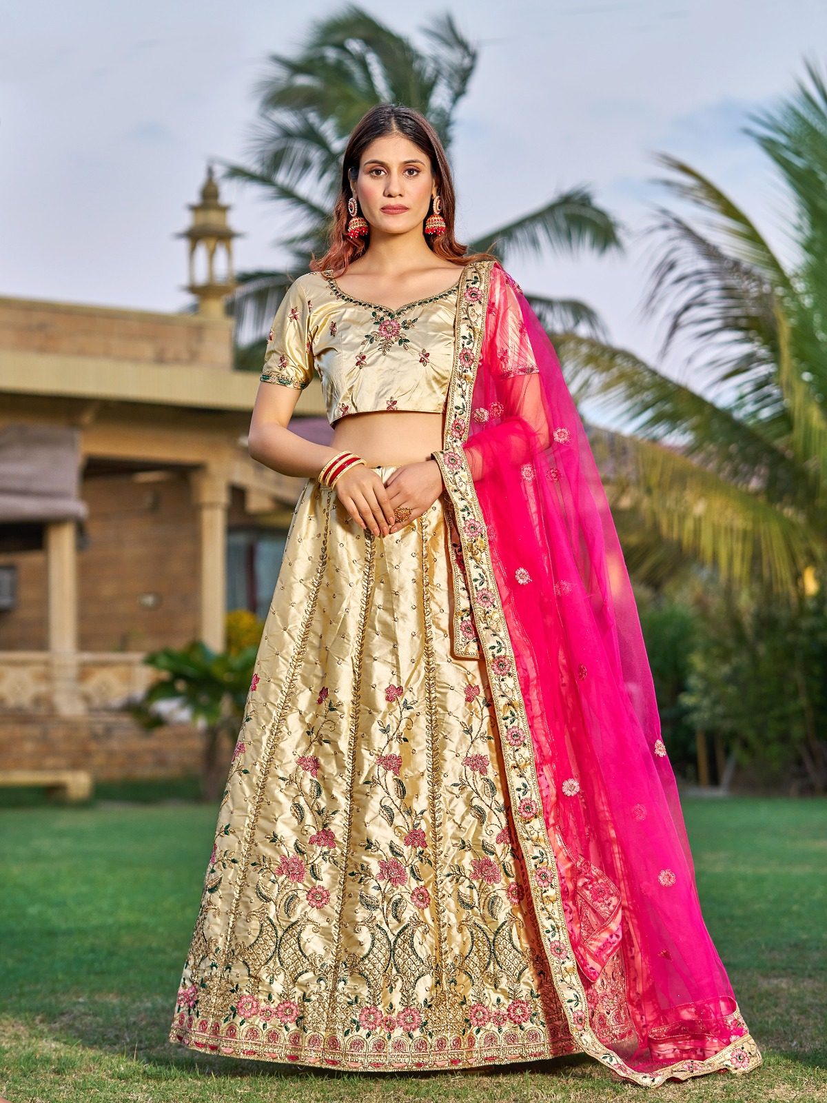 Cream Bridal & Wedding Wear Semi-Stitched Silk Lehenga Choli with Heavy Floral Pattern & Resham Embroidery Work