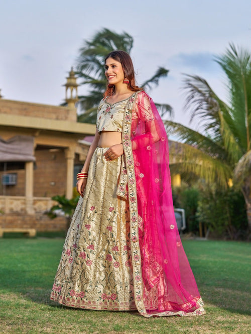 Cream Bridal & Wedding Wear Semi-Stitched Silk Lehenga Choli with Heavy Floral Pattern & Resham Embroidery Work