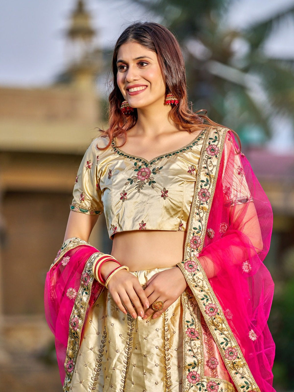 Cream Bridal & Wedding Wear Semi-Stitched Silk Lehenga Choli with Heavy Floral Pattern & Resham Embroidery Work