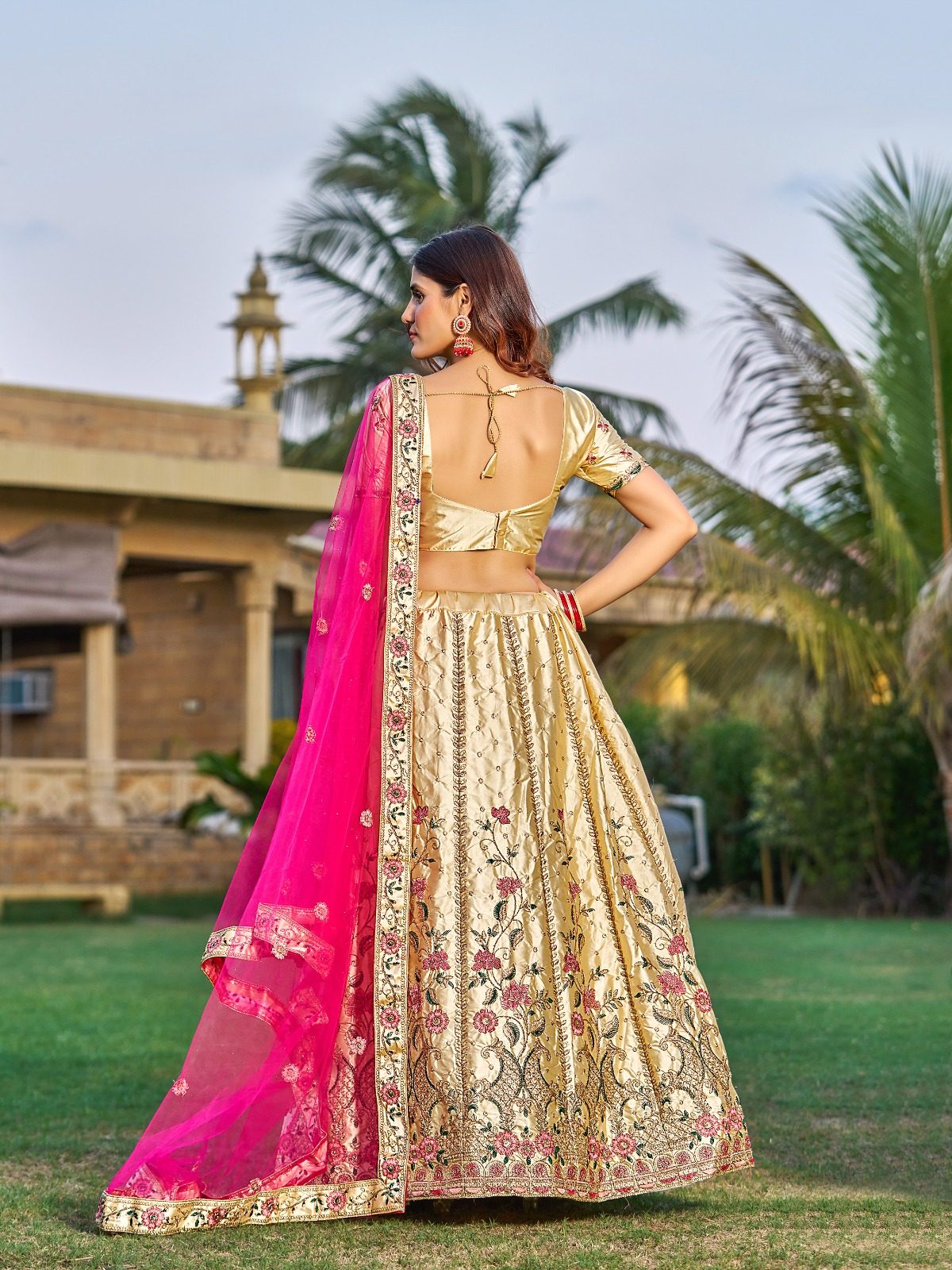 Cream Bridal & Wedding Wear Semi-Stitched Silk Lehenga Choli with Heavy Floral Pattern & Resham Embroidery Work