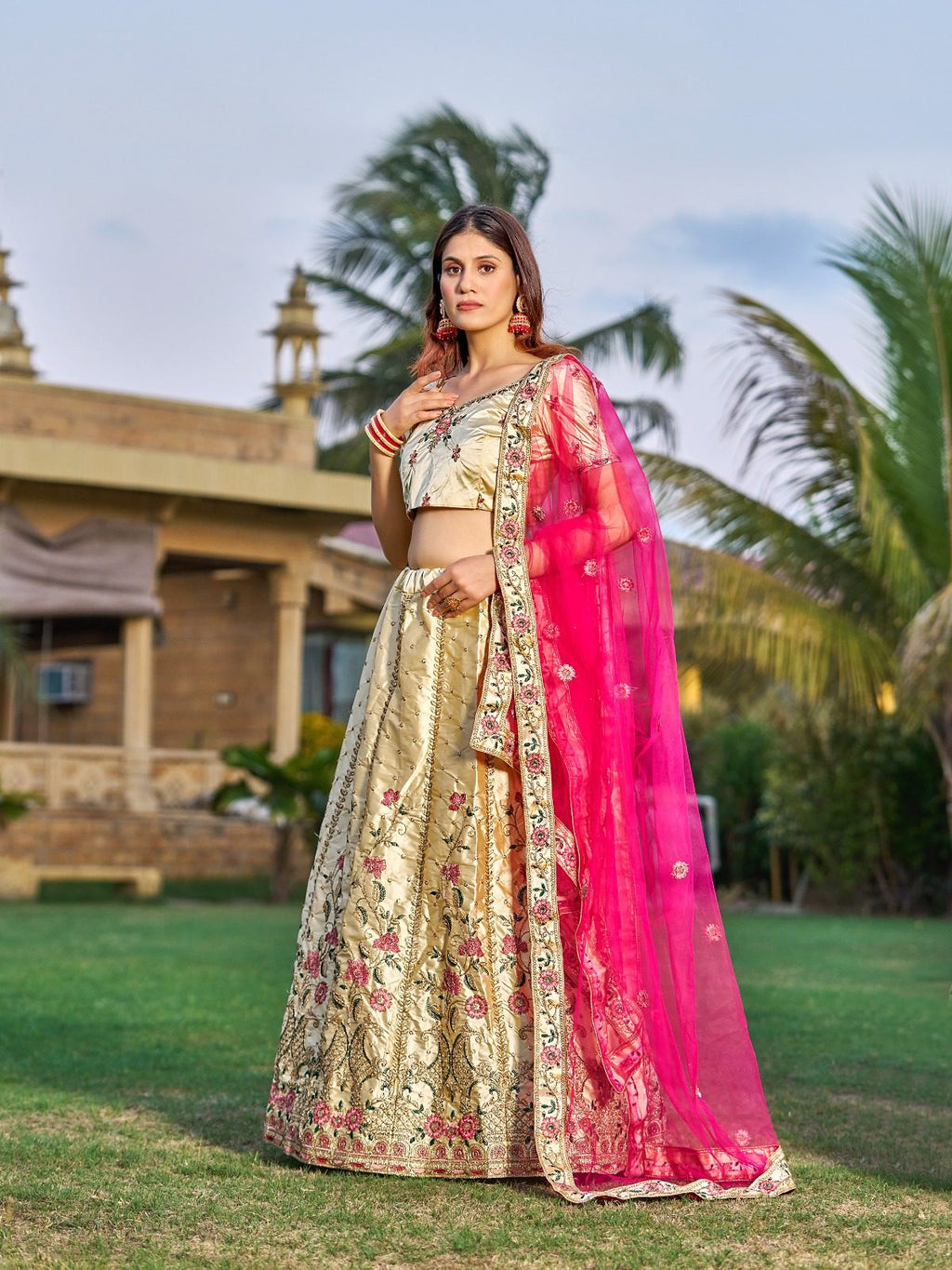 Cream Bridal & Wedding Wear Semi-Stitched Silk Lehenga Choli with Heavy Floral Pattern & Resham Embroidery Work