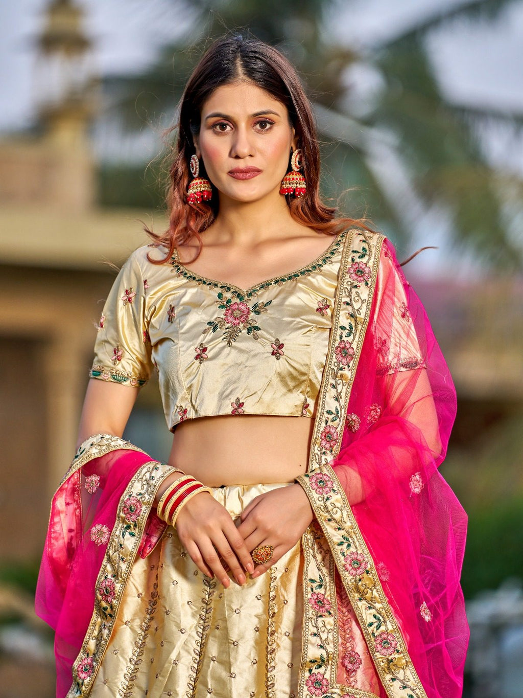 Cream Bridal & Wedding Wear Semi-Stitched Silk Lehenga Choli with Heavy Floral Pattern & Resham Embroidery Work