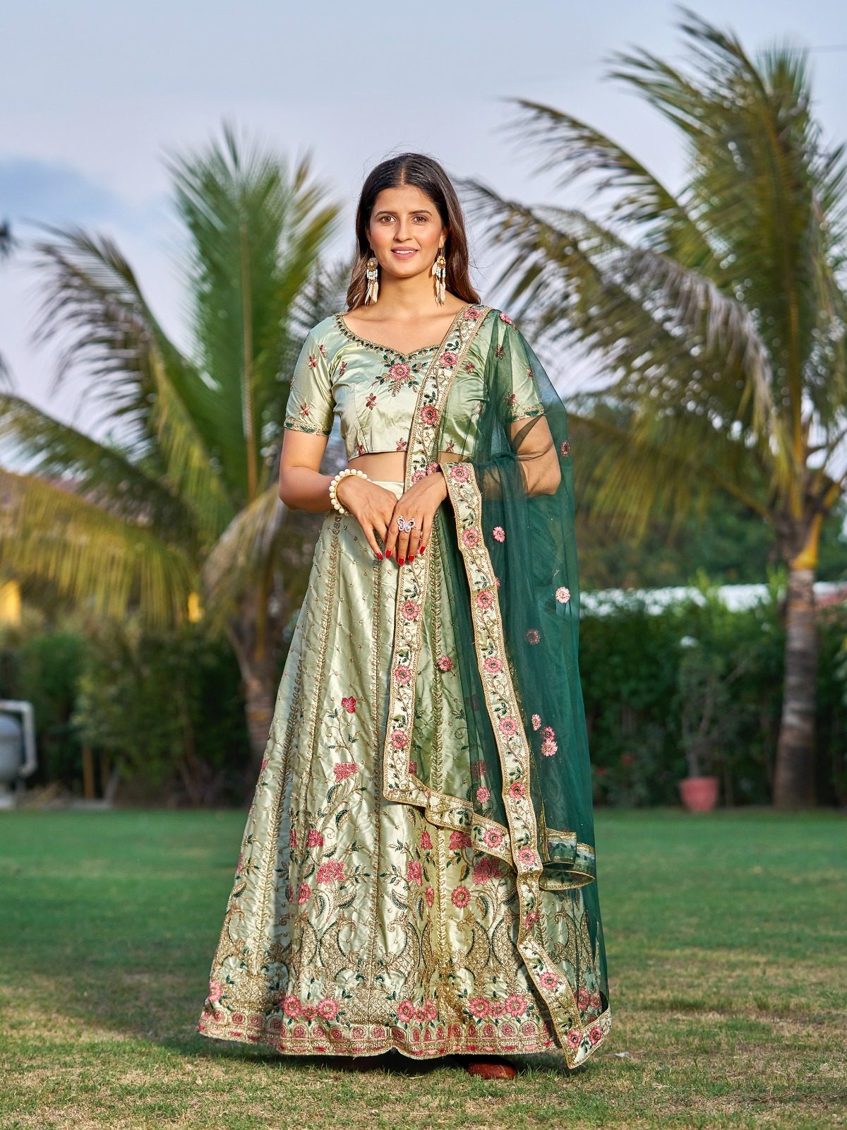 Light Green Bridal & Wedding Wear Semi-Stitched Silk Lehenga Choli with Heavy Floral Pattern & Resham Embroidery Work