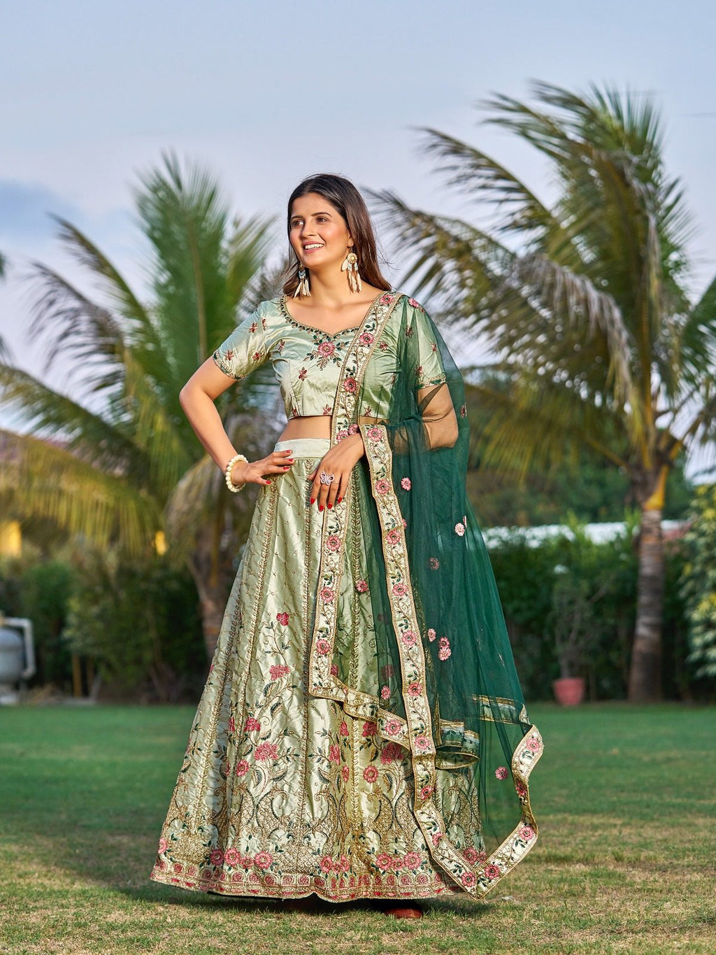 Light Green Bridal & Wedding Wear Semi-Stitched Silk Lehenga Choli with Heavy Floral Pattern & Resham Embroidery Work