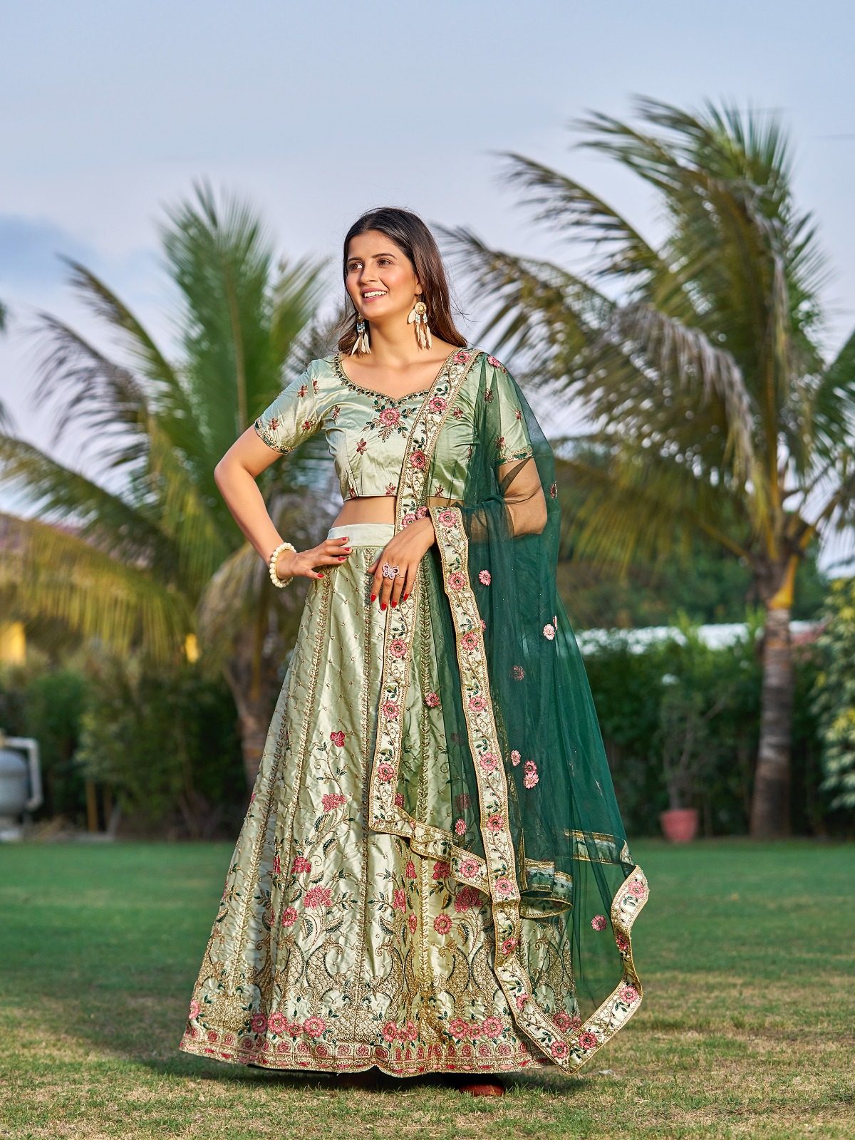 Light Green Bridal & Wedding Wear Semi-Stitched Silk Lehenga Choli with Heavy Floral Pattern & Resham Embroidery Work