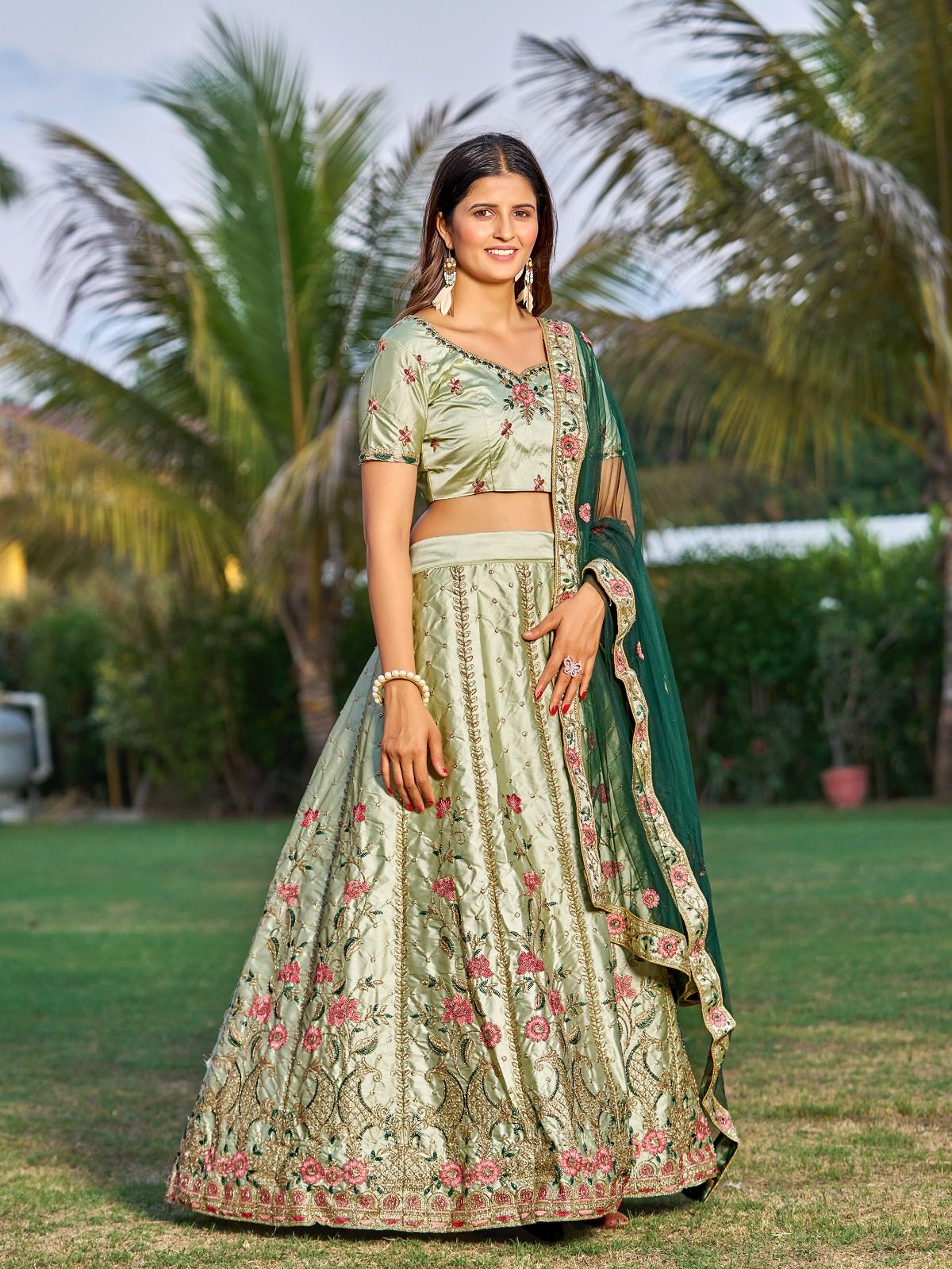 Light Green Bridal & Wedding Wear Semi-Stitched Silk Lehenga Choli with Heavy Floral Pattern & Resham Embroidery Work