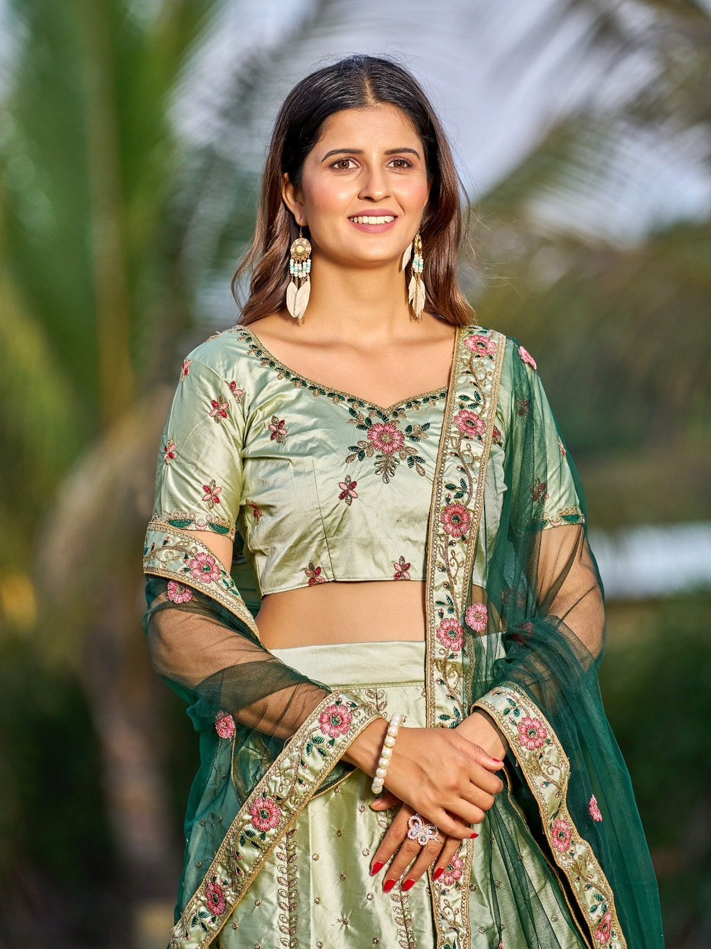 Light Green Bridal & Wedding Wear Semi-Stitched Silk Lehenga Choli with Heavy Floral Pattern & Resham Embroidery Work