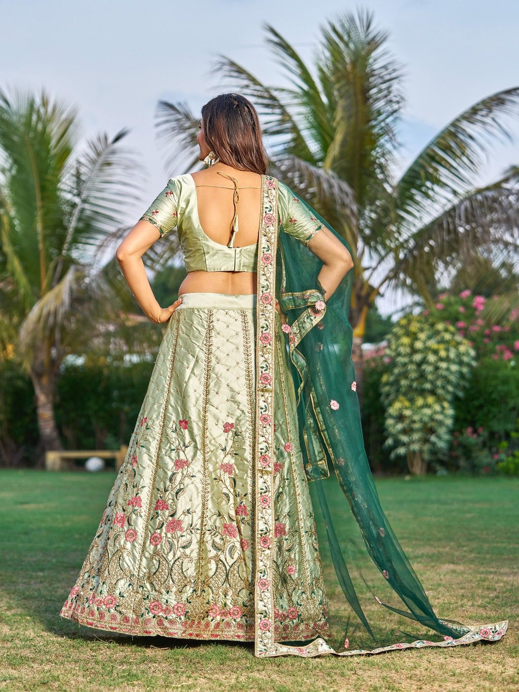 Light Green Bridal & Wedding Wear Semi-Stitched Silk Lehenga Choli with Heavy Floral Pattern & Resham Embroidery Work