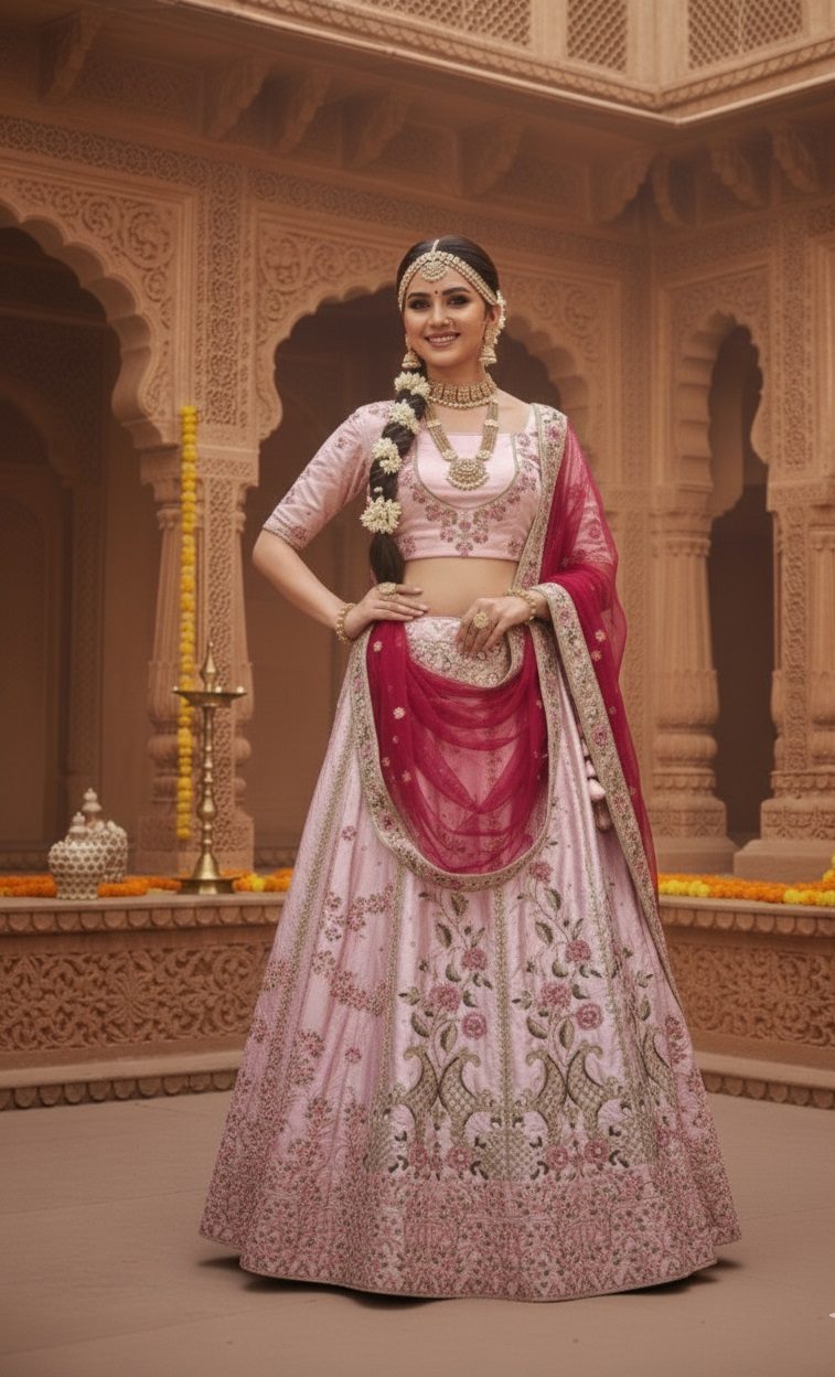 Grand Pastel Pink & Rani Pink Bridal & Wedding Wear Semi-Stitched Silk Lehenga Choli with Heavy Floral Pattern & Resham Embroidery Work