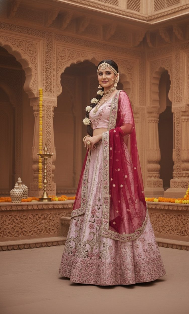 Grand Pastel Pink & Rani Pink Bridal & Wedding Wear Semi-Stitched Silk Lehenga Choli with Heavy Floral Pattern & Resham Embroidery Work