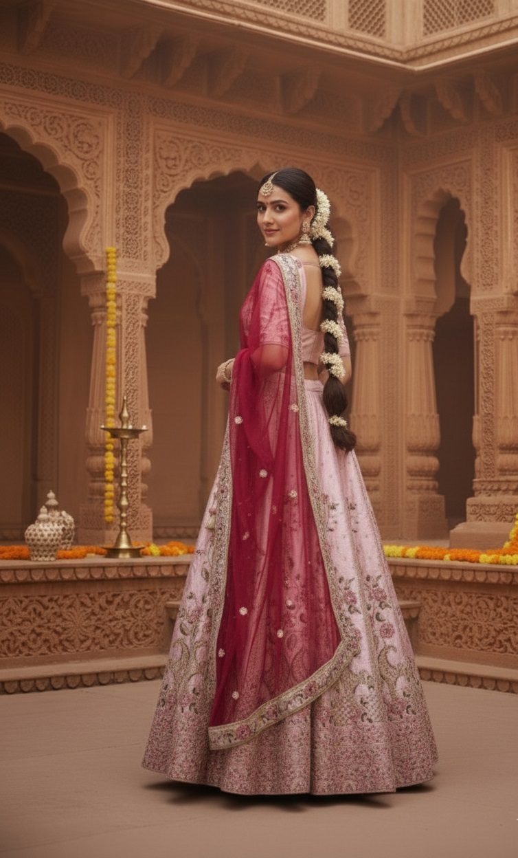 Grand Pastel Pink & Rani Pink Bridal & Wedding Wear Semi-Stitched Silk Lehenga Choli with Heavy Floral Pattern & Resham Embroidery Work