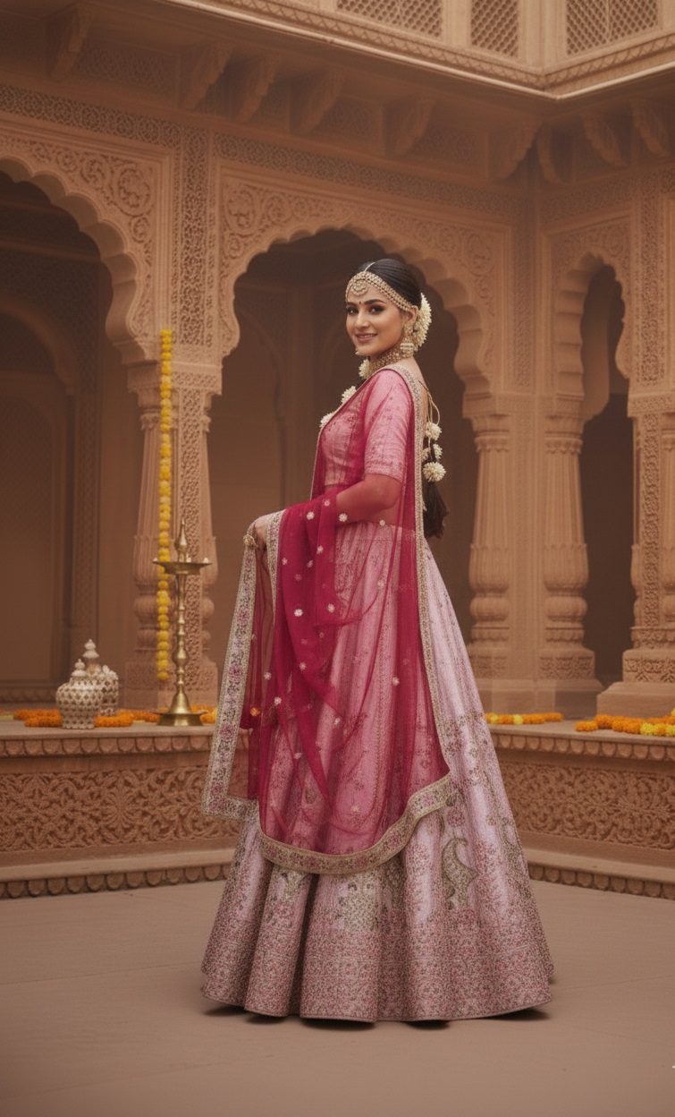 Grand Pastel Pink & Rani Pink Bridal & Wedding Wear Semi-Stitched Silk Lehenga Choli with Heavy Floral Pattern & Resham Embroidery Work