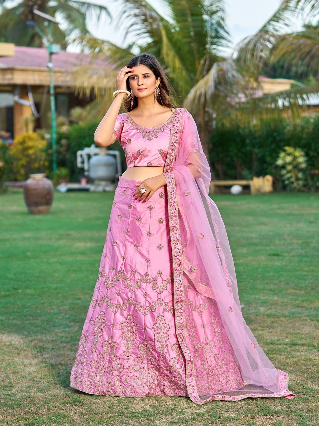 Royal Blush Pink Festive & Wedding Wear Semi-Stitched Net & Silk Lehenga Choli with Intricate Floral Jaal Pattern with Embroidery Work